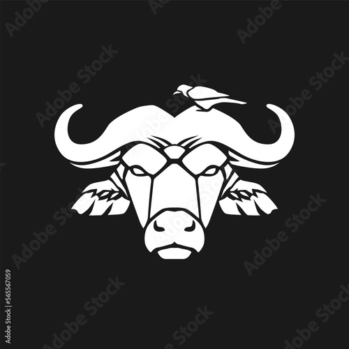 Cape Buffalo with little bird vector illustration template. Bull mascot logo clipart. Can be used for labels, banners, or advertisements.