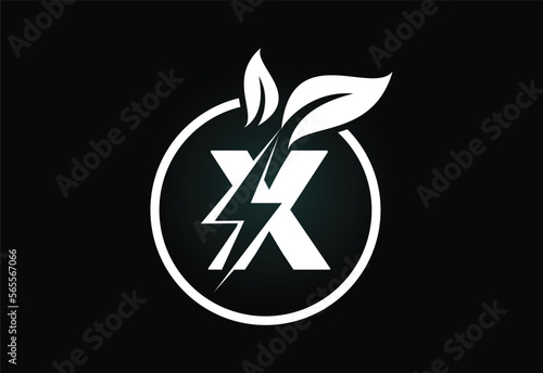 Initial X letter thunderbolt leaf circle or eco energy saver icon. Leaf and thunderbolt icon concept for nature power electric logo