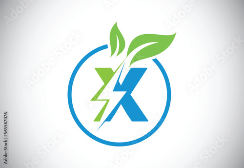 Initial X letter thunderbolt leaf circle or eco energy saver icon. Leaf and thunderbolt icon concept for nature power electric logo