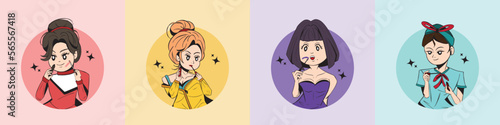 Set of beautiful girl wears lipgloss and applies makeup. cute people vector illustration for beauty