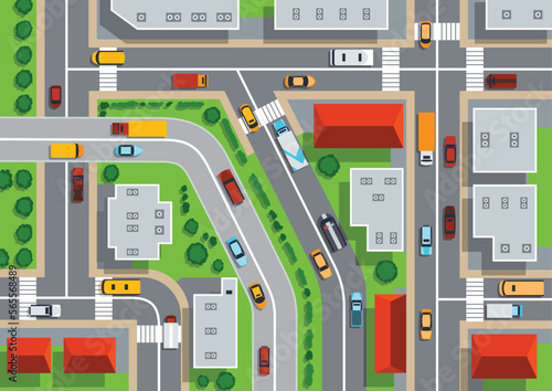 Top view of urban city. Crossroads with streets, roads, cars, houses and trees. Map with view rooftops and highways. View from above on city landscape elements vector illustration