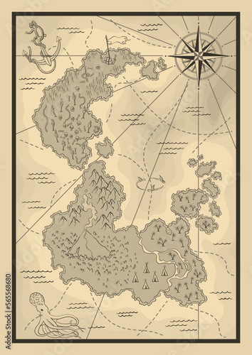 Cartoon island map template for next level game - adventures, treasure hunt. Pirate map with octopus and sharks. Pirate grunge map with windrose. Hand drawn vector illustration, vintage background