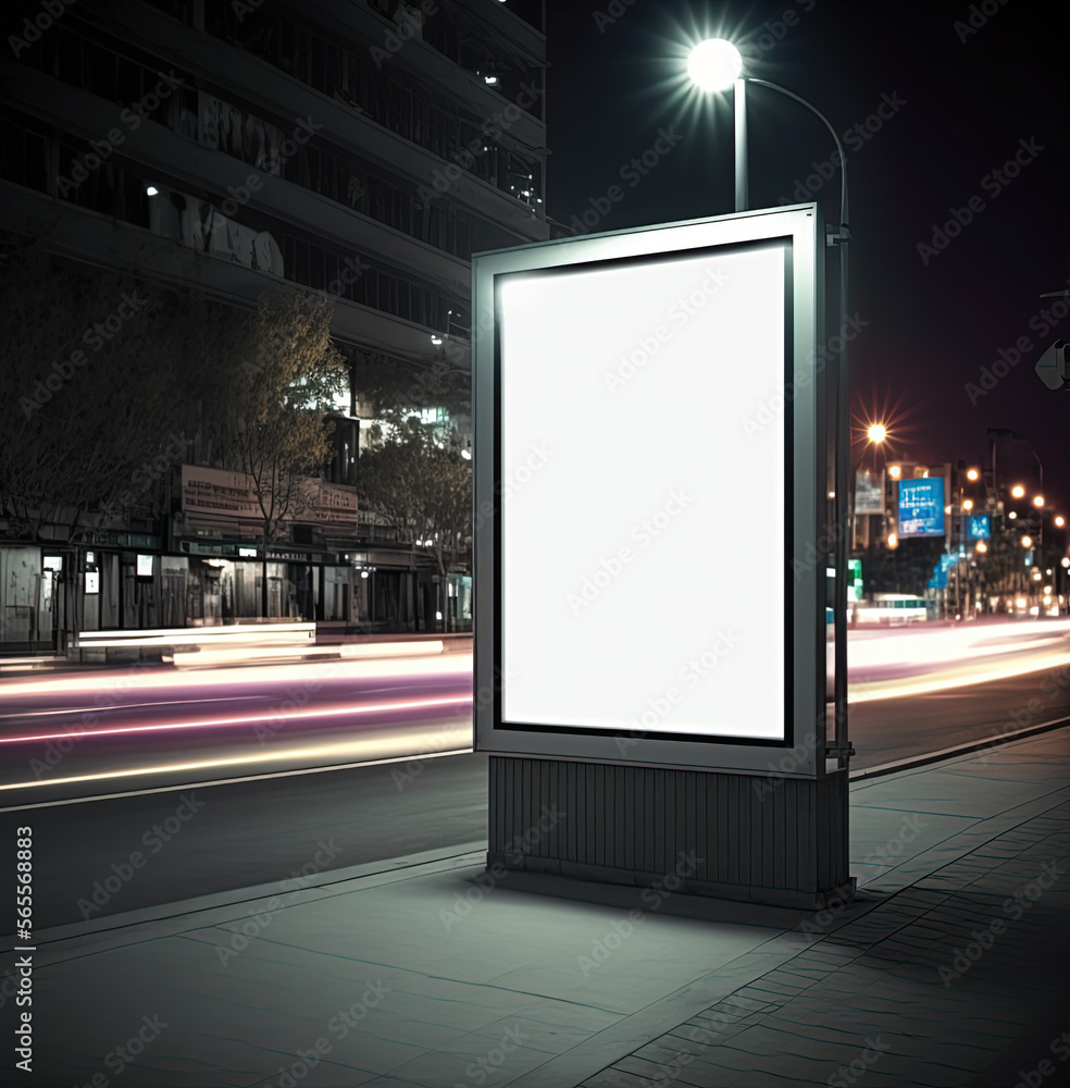 Billboard mockup in the night city. Generative AI.