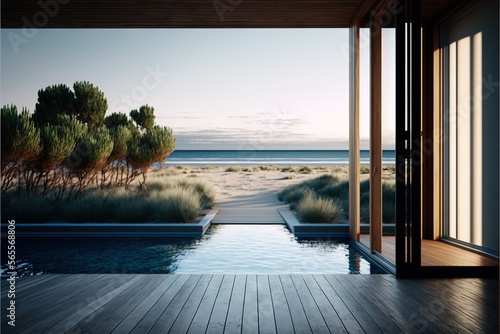 Leinwand Poster a room with a view of the ocean and a pool in the middle of it with a wooden floor and a large window with a view of the ocean