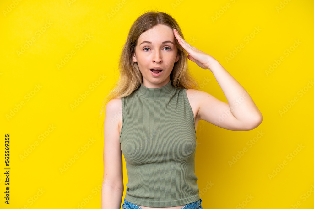 Blonde English young girl isolated on yellow background has realized something and intending the solution Blonde English young girl isolated on yellow background has realized something and intending the solution