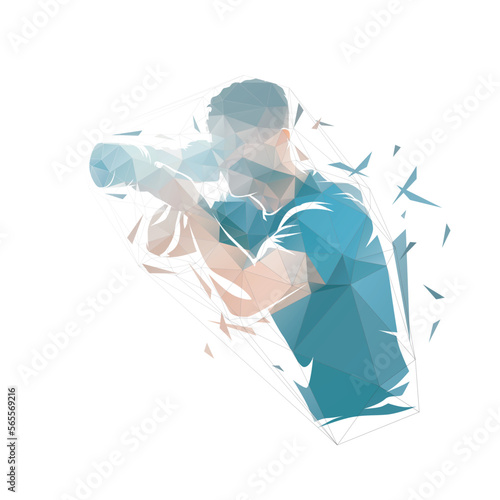 Photographer with camera, low polygonal vector illustration. Man takes photo, isolated geometric vector drawing from triangles, side view