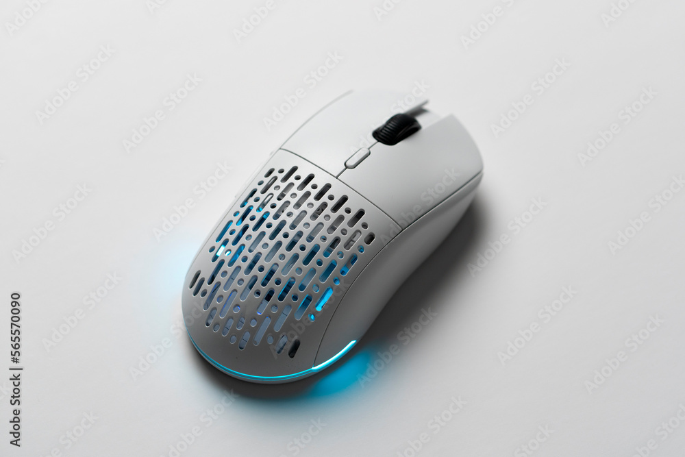 white new wireless computer mouse flat lay with led lights white new wireless computer mouse flat lay with led lights