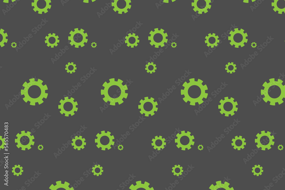 Gear seamless pattern vector illustration. Pattern on a gray background with green mechanical sixes
