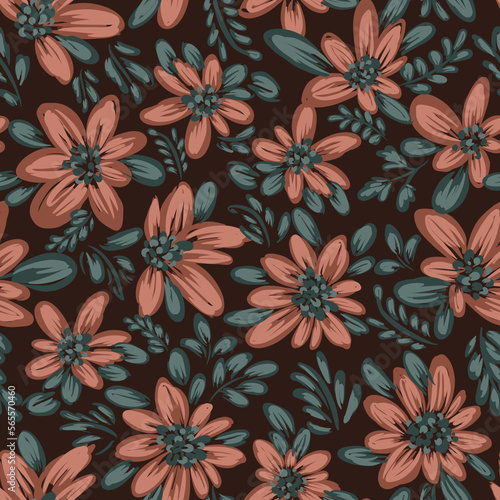 Seamless floral pattern with bright colorful flowers and leaves. Elegant template for fashion prints. Modern floral background. Fashionable folk style. Ethnic style. Boho.