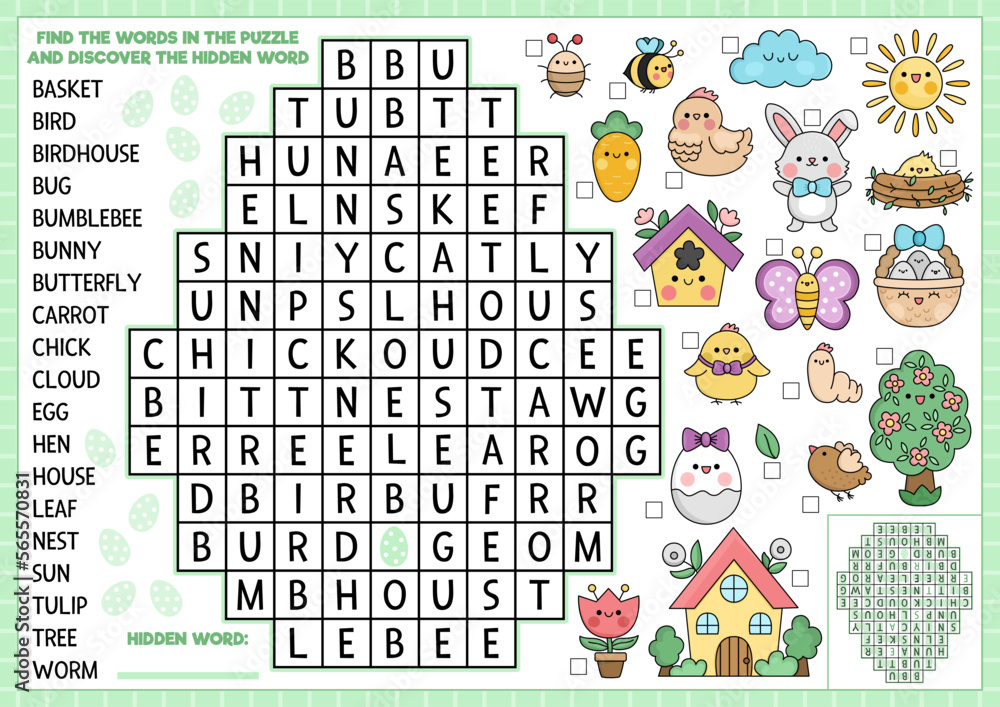 Vector Easter egg shaped word search puzzle for kids Spring holiday Vector Easter egg shaped word search puzzle for kids Spring holiday
