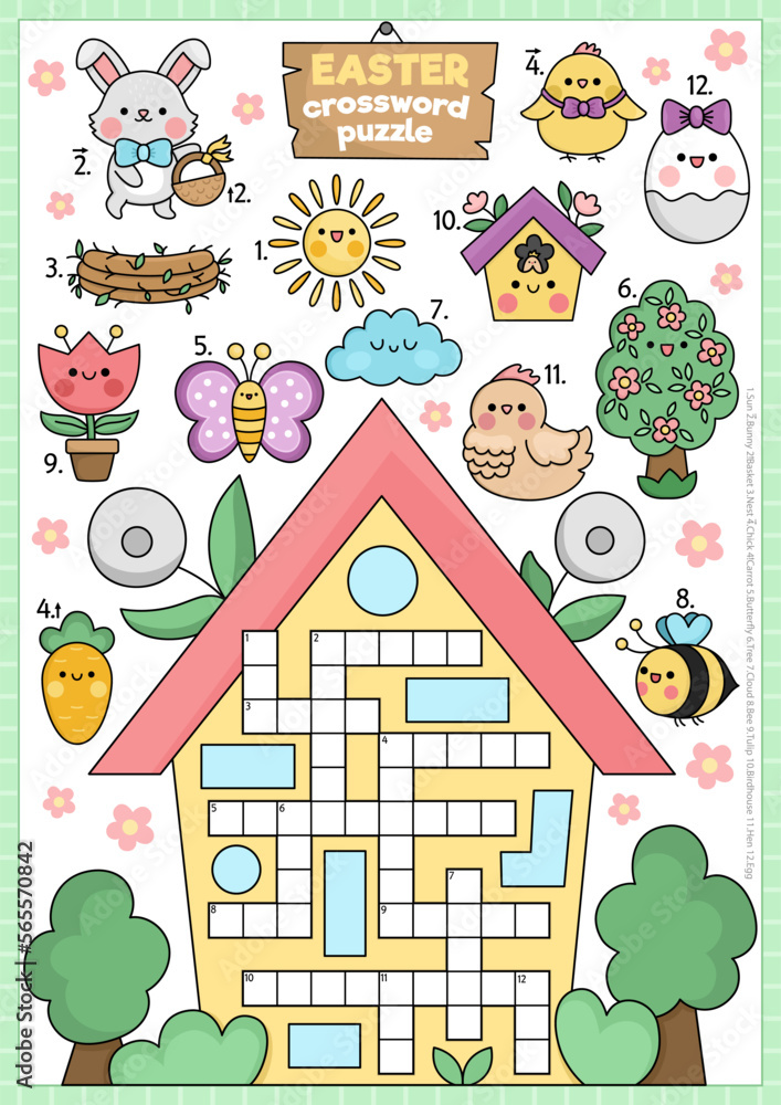 Vector Easter country house shaped crossword puzzle for kids. Spring