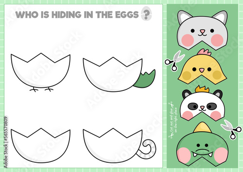 Vector Easter cut and glue activity. Crafting game with cute kawaii egg shell. Fun spring holiday printable worksheet. Find the right piece of the puzzle. Complete the picture with hatching animals.
