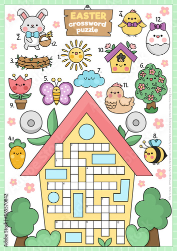 Vector Easter country house shaped crossword puzzle for kids. Spring holiday quiz for children. Educational activity with kawaii symbols. Cute garden English language cross word with bunny.