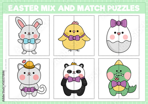 Vector Easter mix and match puzzle with cute kawaii characters. Matching spring holiday activity for preschool kids. Educational garden game with bunny  egg  chick  cat  panda bear  crocodile.
