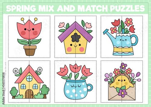 Vector farm or garden mix and match puzzle with cute kawaii characters. Matching spring activity for preschool kids. Educational Easter game with flowers in pots, watering can, cottage, chick.