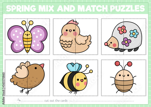 Vector farm or garden mix and match puzzle with cute kawaii animals. Matching spring activity for preschool kids. Educational Easter game with hen, hedgehog, butterfly, bee, bird.