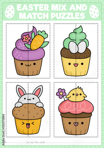 Vector Easter mix and match puzzle with cute kawaii cupcakes. Matching spring holiday activity for preschool kids. Educational garden game with cup cakes decorated with bunny, egg, chick.