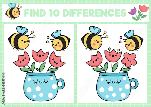 Garden kawaii find differences game for children. Attention skills activity with cute bees and flowers in pot. Spring holiday puzzle for kids. Printable what is different worksheet.