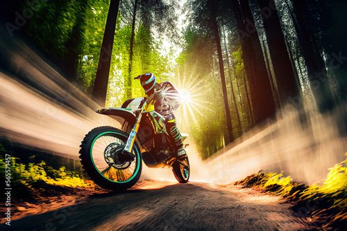 Rally racing cross bike in forest in motion with dust trail and glowing lens flare on background. Digitally generated AI image.