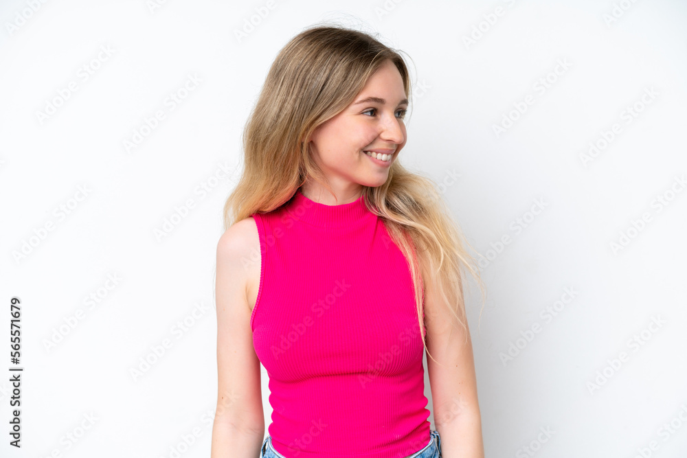 Blonde English young girl isolated on white background looking side Blonde English young girl isolated on white background looking side