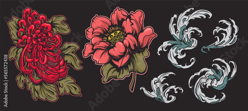 Set of vector illustration elements fo design such us waves, chrysanthemums, peony on Japanese theme