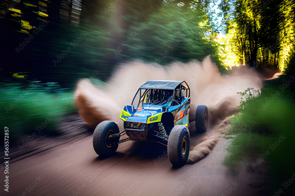Rally racing buggy in forest in motion  with dust trail and glowing lens flare on background.  
Digitally generated AI image.
