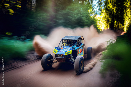 Rally racing buggy in forest in motion  with dust trail and glowing lens flare on background.   Digitally generated AI image.