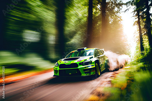 Rally racing car in forest in motion  with dust trail and glowing lens flare on background.  
Digitally generated AI image.
