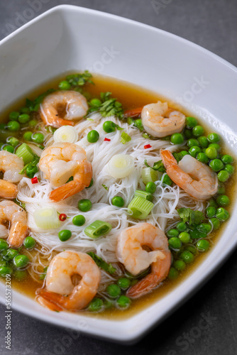 soup with shrimps, vegetables and rice nooodles