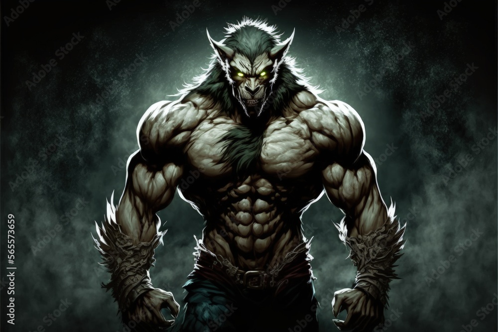 Werewolf warrior illustration in the night, anime manga style. Generative AI Werewolf warrior illustration in the night, anime manga style. Generative AI