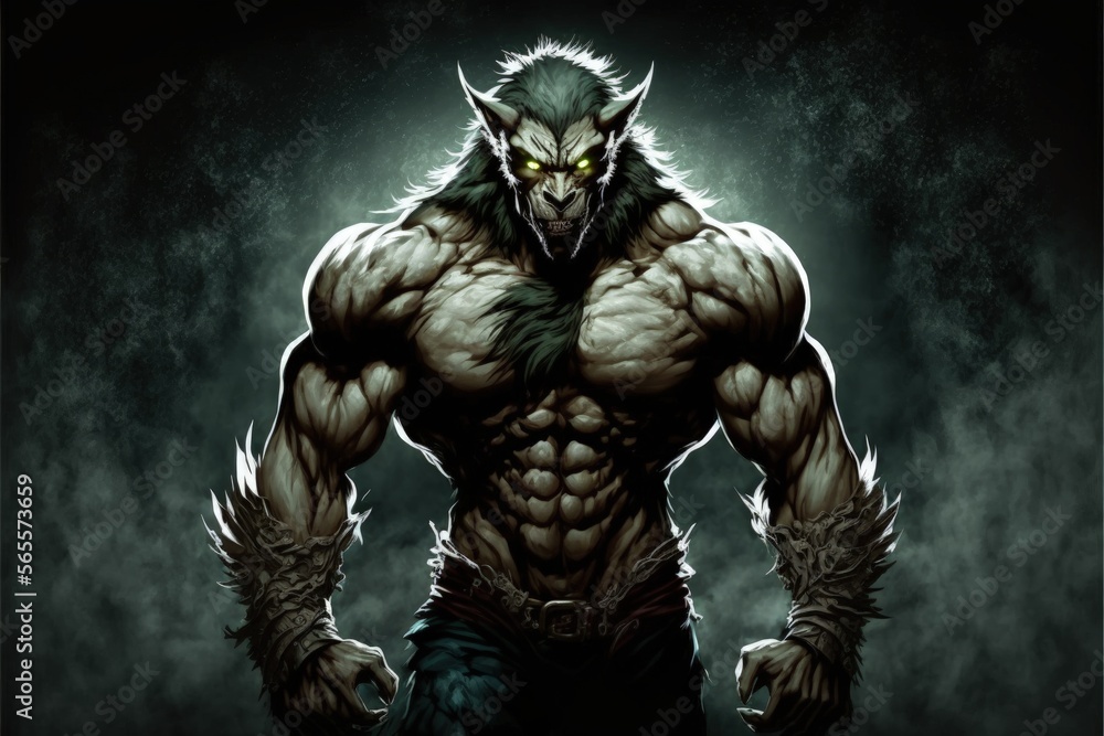 Werewolf warrior illustration in the night, anime manga style. Generative AI