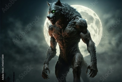 Canvas Print Werewolf illustration at night, with full moon in the background