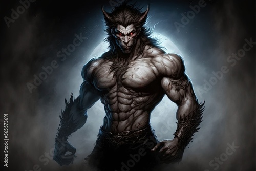 Werewolf warrior illustration in the night, anime manga style. Generative AI
