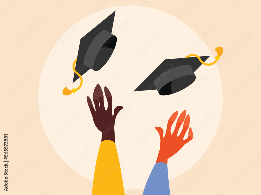 Graduation ceremony. Graduates hands tossing graduation hats. Vector ...