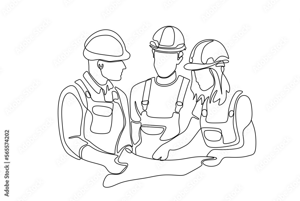 One line drawing of male and female building builder groups wearing helmet. Great team work concept. Trendy continuous line draw design graphic vector illustration One line drawing of male and female building builder groups wearing helmet. Great team work concept. Trendy continuous line draw design graphic vector illustration