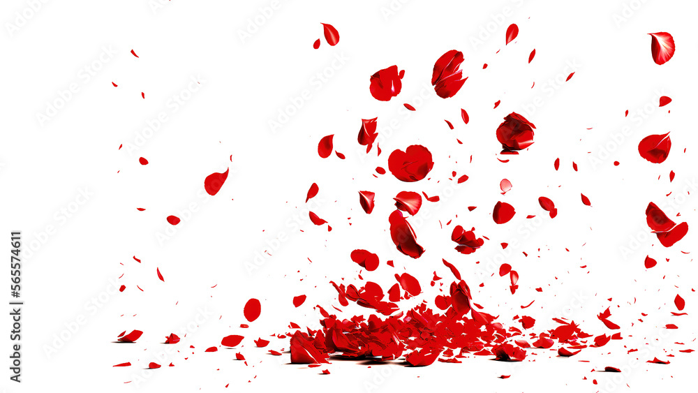 Red roses petals falling on isolated white background. Valentines love marriage concept. Wedding invitation card overlay elements. Confetti petals. Copy space. Generative ai Red roses petals falling on isolated white background. Valentines love marriage concept. Wedding invitation card overlay elements. Confetti petals. Copy space. Generative ai
