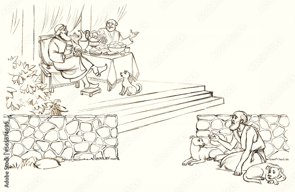 Pencil drawing. The rich man is feasting and the beggar asks for food