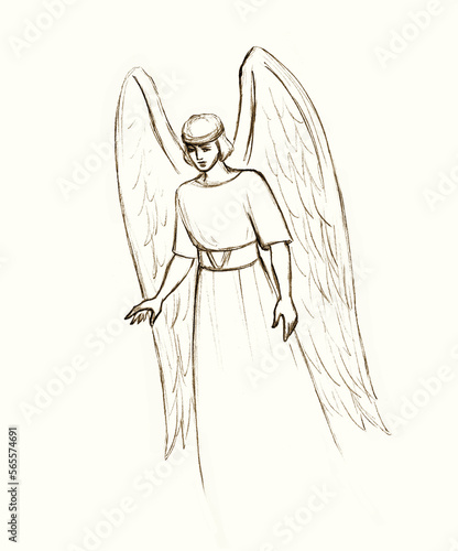 Pencil drawing. Angel on a white background