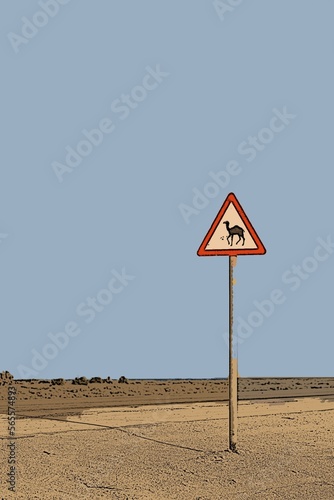 Cartoon or illustrations of camel Animal warning signs on the road on the sidewalk of the desert. photo