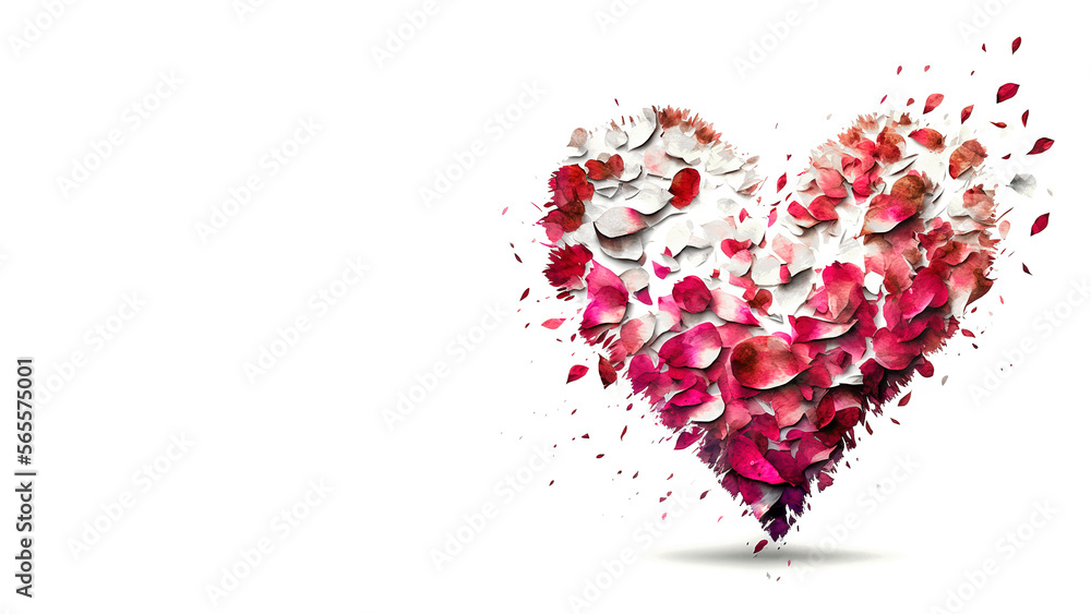Falling Rose Petals Heart Overlay. Heart shape from rose flower petals. Valentines and marriage greeting card background. Copy space for text. Generative ai