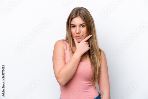 Young caucasian woman isolated on white bakcground thinking