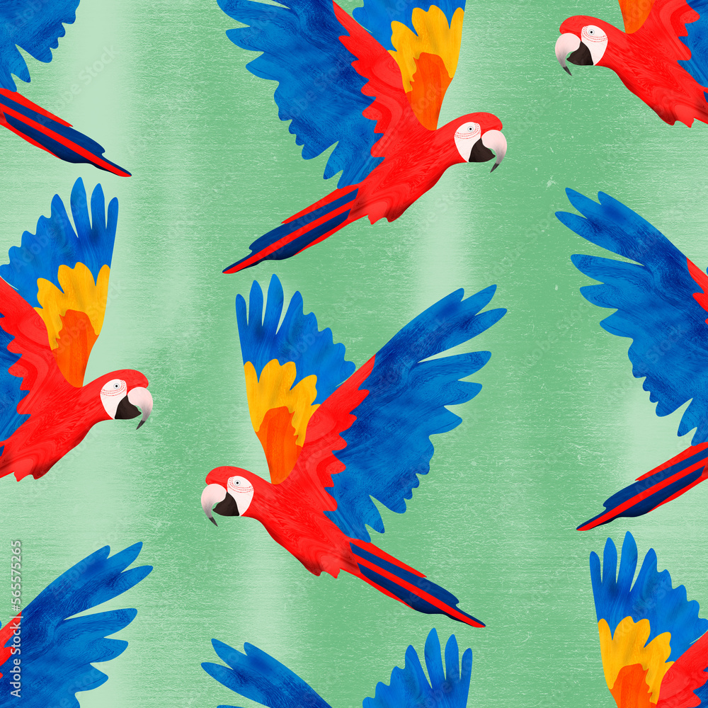 Scarlet macaws with green background
