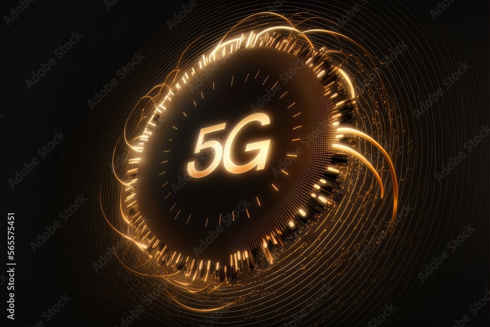 Naklejka premium 5G network symbol on a black background. High speed internet mobile connection illuminated wallpaper. Generated by AI. 