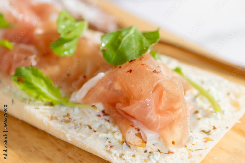Parma ham and rocket ciabatta (Italian bread) with cream cheese. Parma ham and rocket ciabatta (Italian bread) with cream cheese.