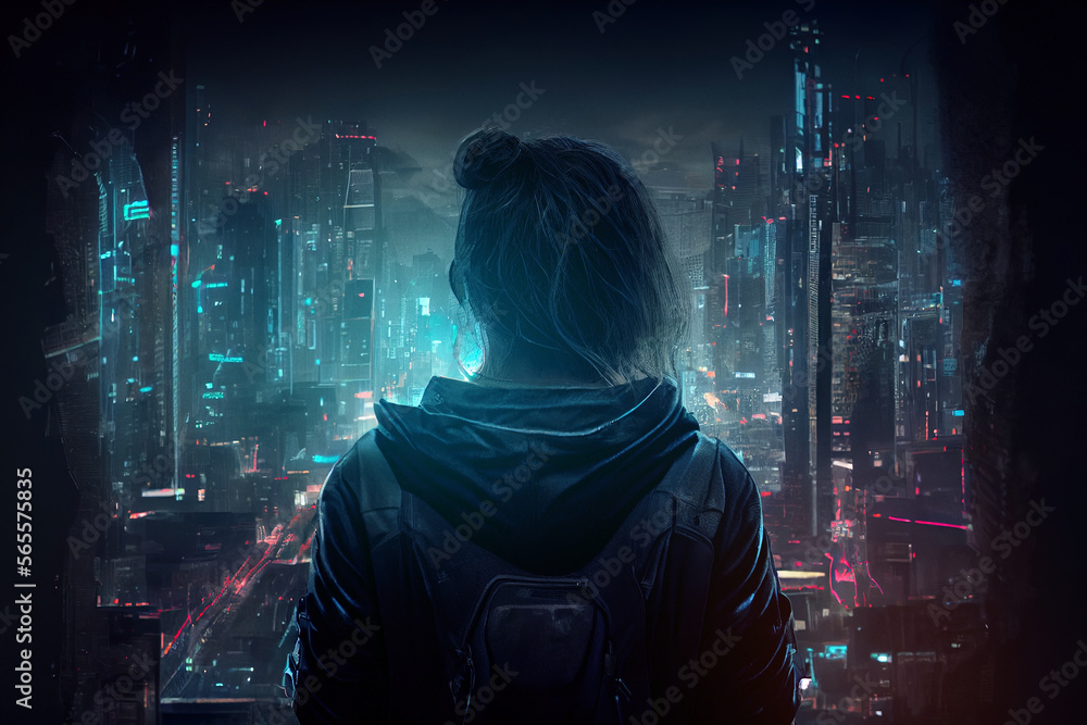 Looking at cyberpunk city of future. Rear view of unrecognisable person.
Digitally generated AI image. Looking at cyberpunk city of future. Rear view of unrecognisable person.
Digitally generated AI image.