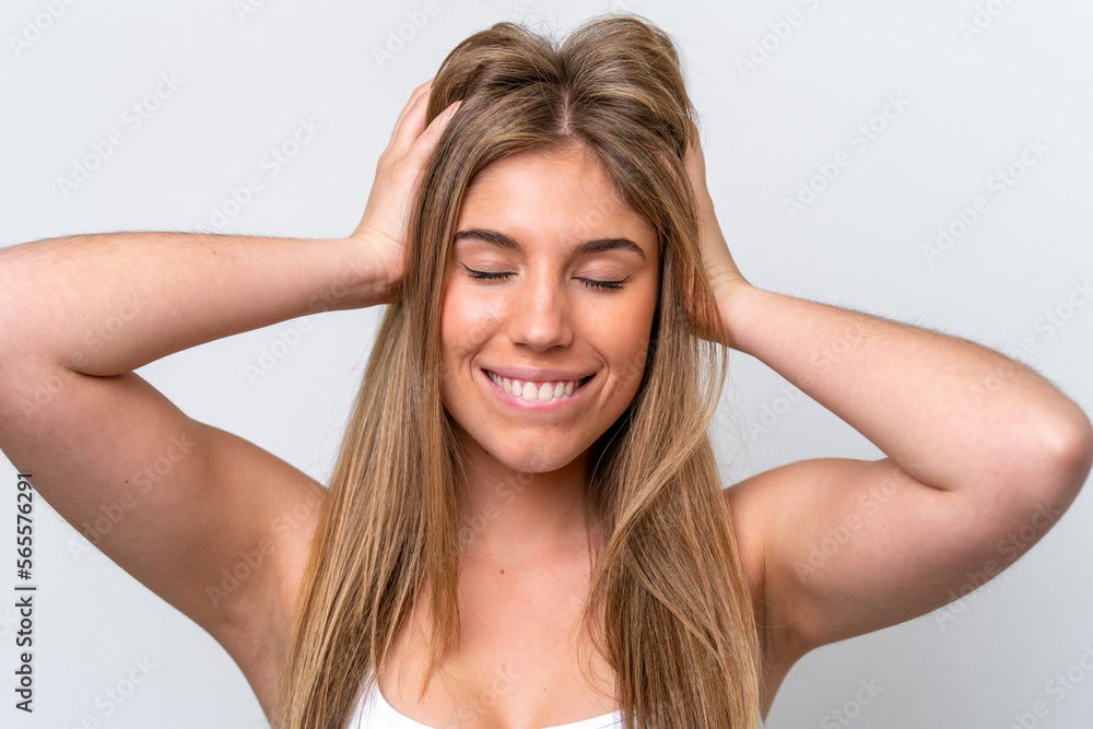 Young caucasian woman isolated on white background with happy expression. Close up portrait