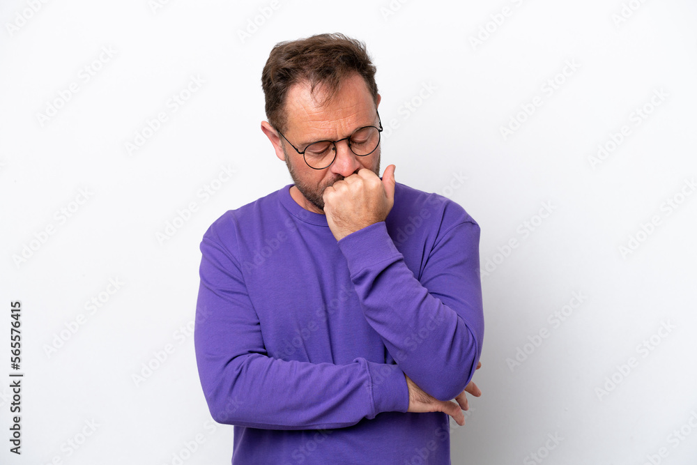 Middle age caucasian man isolated on white background having doubts Middle age caucasian man isolated on white background having doubts