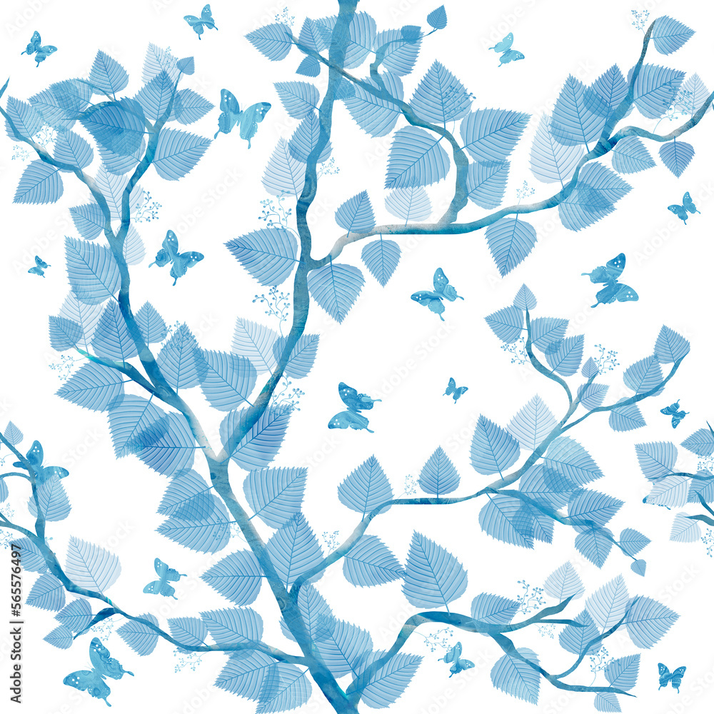 Blue Tree with Butterflies
