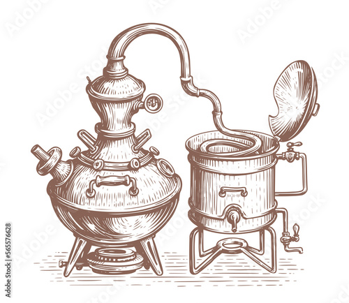Distillation apparatus sketch. Alcohol ethanol production, distillery. Retro alcohol machine in vintage engraving style