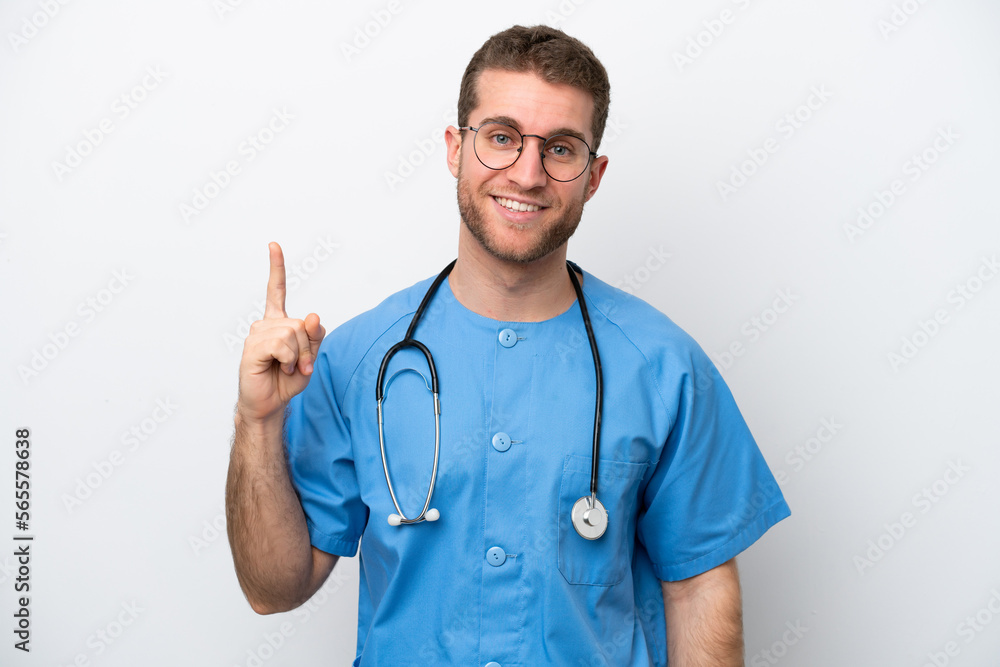 Young surgeon doctor caucasian man isolated on white background showing and lifting a finger in sign of the best Young surgeon doctor caucasian man isolated on white background showing and lifting a finger in sign of the best